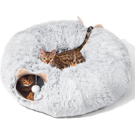 Tunnel avec panier pour chats d'intérieur, grotte en peluche douce en forme de donut à cacher sous le sapin de Noël, jouet multifonctionnel pour chatons, lapins et furets (gris) (1/5)