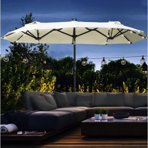 Parasol doble 292x150x218 cm beige en poliéster y acero con LED solar e inclinación ajustable (1/5)