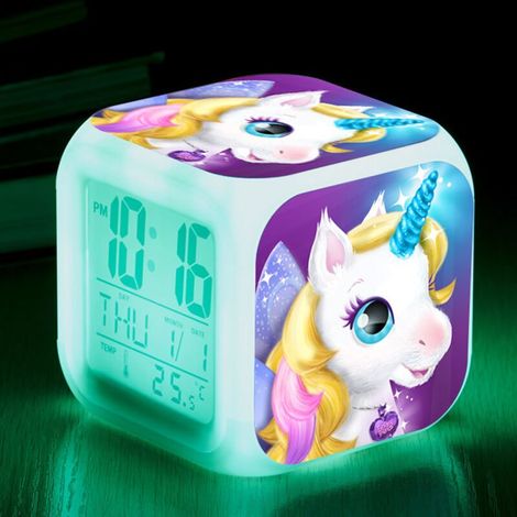 Digitaler Einhorn-Wecker (B), Quadratischer Wecker mit bunten Lichtern