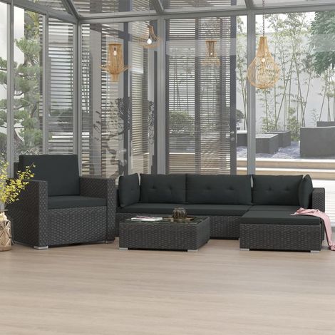 vidaXL 6-tlg. Garten-Lounge-Set mit Kissen Poly Rattan Schwarz (1/5)