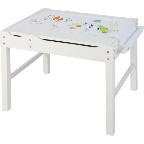 Tavolo multiattività bambini con piano reversibile porta rotolo di carta da disegno, Tavolo costruzioni Bianco (1/3)