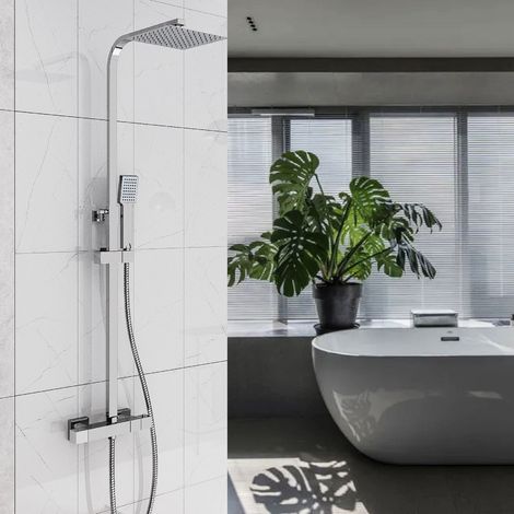 AICA Columna de Ducha Termostática, Cuadrada Plata Alcachofa de Ducha, Barra y Manguera de Acero Inoxidable, Ducha de Baño Lluvia (1/5)