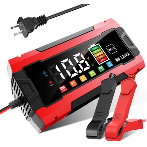 Écran couleur 12V 8A (rouge)Chargeur de batterie 12 V 8 A pour voiture et moto avec écran couleur - Produit phare avec grand écran LED, compatible avec les batteries au plomb-acide et au lithium (1/4)