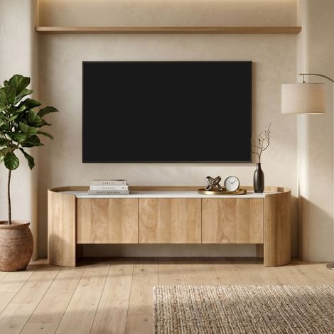 Meuble TV 4 portes en bois de manguier naturel et marbre - SEITO (1/5)