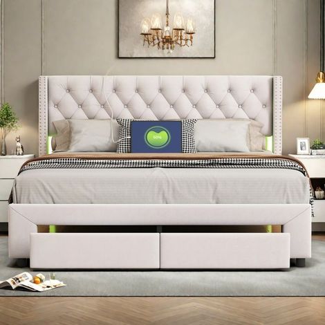 Lit mit einer Größe von 160x200 cm - TANANT - Beiger Samt - LED-Beleuchtung - 2 Schubladen - Modernes und Vintage-Design