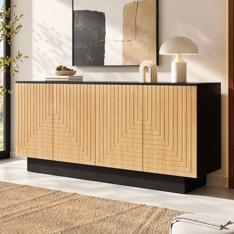 Aparador de salón 160 x 40 x 75 cm - mueble auxiliar moderno con 4 puertas de diseño estructurado sin tiradores - mdf - natural (1/5)