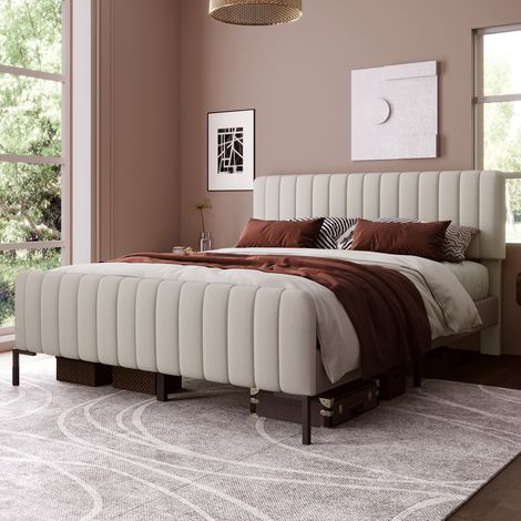 Cama doble 140x190 cm lino beige gris con cabecero ajustable y somier, sin colchón - CHICFURN (1/5)