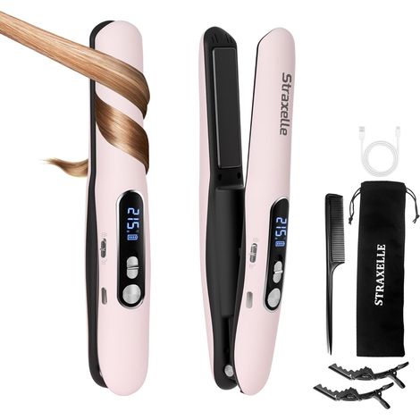 Mini Lisseur Sans Fil et Boucleur Cheveux 2 en 1 Fer a Lisser avec 5000mAh  3 Températures Réglables 175°C-215°C, Lisseur de Voyage avec écran LED pour Tous Types de Cheveux (Rose) (1/5)