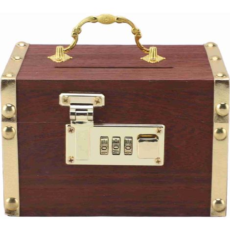 Coffre à monnaie en bois verrouillable avec cadenas à code, style vintage, avec poignée et bords ourlés. (1/5)