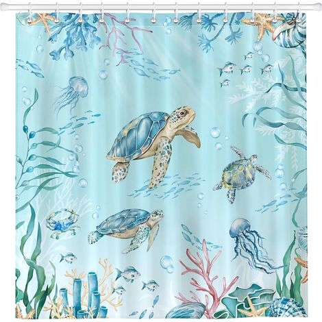 Rideau De Douche, Tortue De Mer Lavable 182x182 cm Polyester Rideau De Bain pour Baignoire, Salle De Bain Décor avec œIllets Et 12 Crochets (1/5)