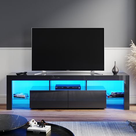 ELEGANT 1600mm Modern Black Gloss TV Unit Stand with LED Ambient Light for 32 40 43 50 52 55 60 inch 4k TV, for Living Room and Bedroom with Storage Furniture (1/5)