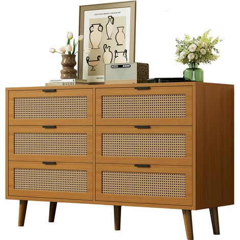 Commode en bois à 6 tiroirs, meuble de rangement haut avec poignées en métal, pour chambre, salon ou bureau, dimensions : 120 x 76,5 x 40 cm