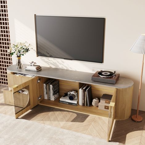 Mueble TV 172x38x45.5 cm natural en MDF y vidrio con vitrina ovalada y frentes 3D (1/5)
