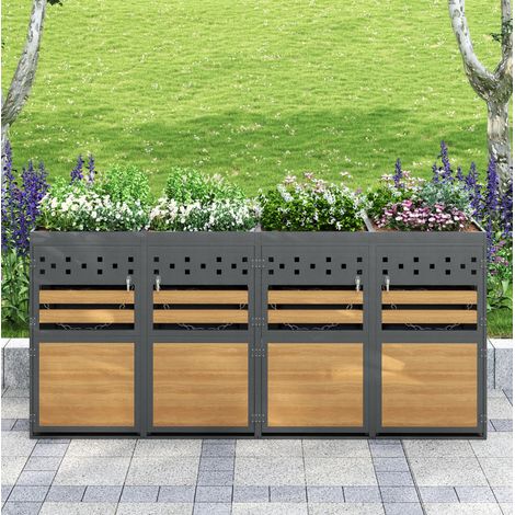 Cobertizo para 4 cubos de basura con techo plantable, 120-240 L, antracita y madera OKMYHOME (1/5)