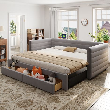 Divano letto imbottito in cotone e lino grigio 90x190 cm estraibile 180x190 cm con 2 cassetti e rete a doghe