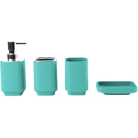 Lot de 4 accessoires de salle de bain avec distributeur de savon, tasse de salle de bain, porte-savon, brosse à dents et support de dentifrice (bleu clair) (1/2)