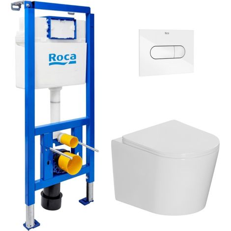 WC-Set Vorwandelement + Ceramia spülrandloses Wand-WC mit SoftClose-Sitz + Betätigungsplatte (ROCE14WT01-IN)