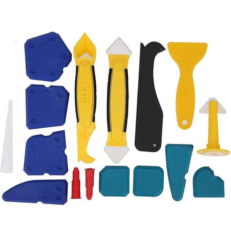 16 outils de finition pour calfeutrage : grattoir à joints, dissolvant de mastic plastique, grattoir à colle à verre, buses de calfeutrage. (1/5)