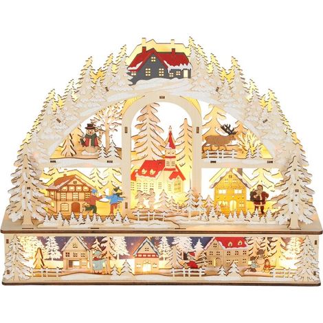 Villaggio di Natale illuminato con 20 LED, Villaggio di Natale animato in un arco, Funzionamento a batteria, 45 x 10 x 35 cm, Legno naturale -Crezuo