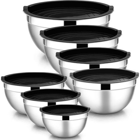Ensemble de 7 bols à salade - bol mélangeur - bol à pâte - bol mélangeur avec couvercle - Acier inoxydable - Noir (1/5)