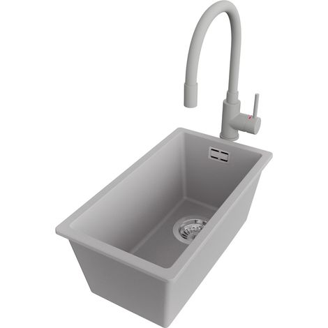 PRIMAGRAN Evier Cuisine en Granit 26x47cm,Lavabo 1 bac + Robinet 38x14cm + Kit de Vidage, Évier à Encastrer au meuble 30cm - London Slim, Gris (1/5)
