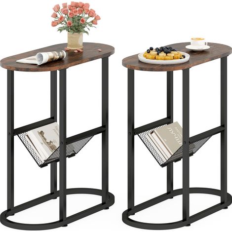COSTWAY 2-Tier Oval End Table Narrow Side Table Set of 2 w/Magazine Holder-Brown (1/5)