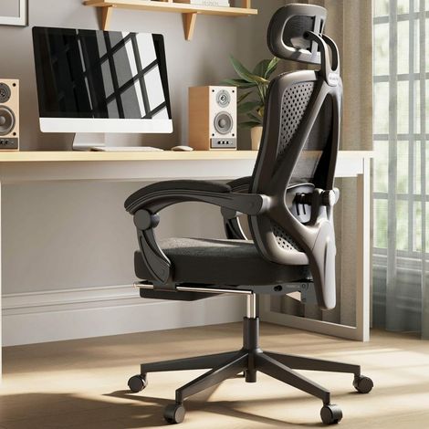 Ergonomischer Bürostuhl mit Kopfstütze, Lendenwirbelstütze, Chefsessel, mit Fußstütze, höhenverstellbar, verstellbare Rückenlehne, Netzgewebe, bis 150 kg belastbar, Schwarz