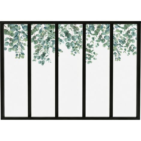 Verrière atelier intérieure aluminium noir 5 vitrages 168 x 117 cm - Décor végétal - Eucalyptus in Rain - vert et transparent - Verre trempé (1/5)