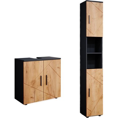 Set di mobili da bagno Irma, Quercia dorata/antracite, 2 parti, con colonna, Vicco