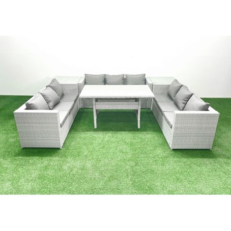 Fimous Rattan Garden Outdoor Furniture Set 9 Seater Garden Sofa Rectangulr Dining Table Set with 2 Side Tables Light Grey Mixed