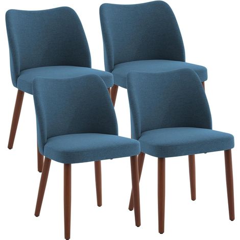 Lot de 4 chaises de salle à manger - assise rembourrée en tissu aspect lin - pieds en Bois- design moderne - bleu (1/5)