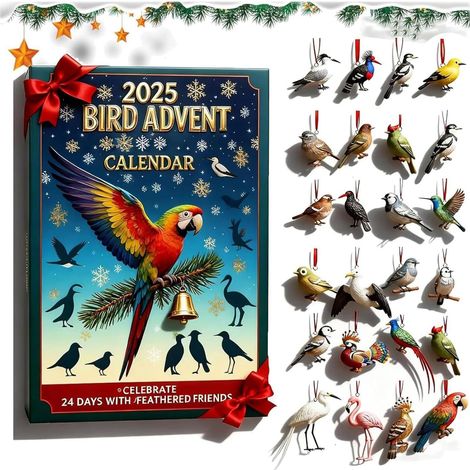 Adventskalender mit Vögeln – 24-tägiger Weihnachtskalender mit 24 flachen 2D-Acryl-Anhängern (Vögel und Papageien) – Sammler-Ornamentset für (1/5)