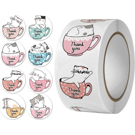 Pegatinas de agradecimiento de Ecarla en cinta adhesiva de 25 mm con diseño de gato NNK09, 500 unidades. (1/2)