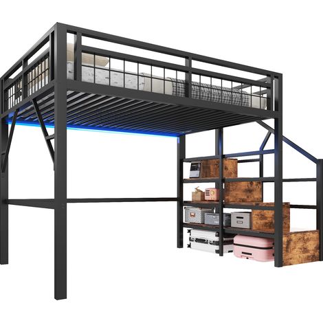 Letto a soppalco 140x200 cm con scala contenitore, struttura in metallo e MDF, luce LED controllabile via app, colore nero, senza materasso CHICFURN (1/5)