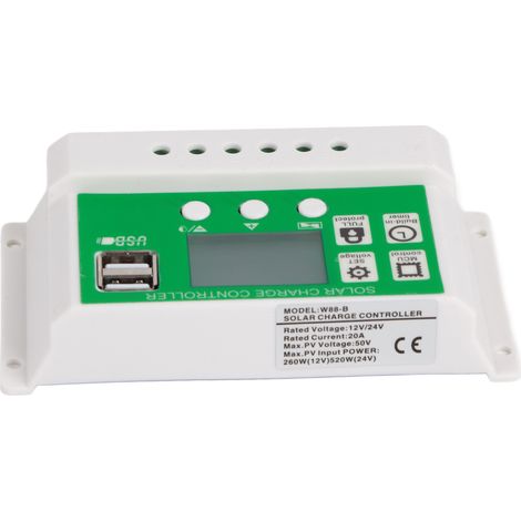 20A 12V/24V PWM Solar-Laderegler, automatische Erkennung, zwei USB-Anschlüsse, PV-Kabel im Lieferumfang enthalten, Ladegerät für Zuhause und Camping. (1/5)
