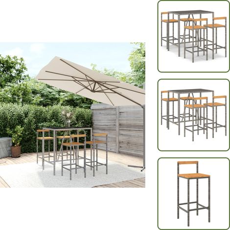 Ensemble de bar jardin 5 pcs gris poly rotin/bois massif acacia - Ensemble Salon De Jardin - Mobilier De Jardin - Table De Bar - Chaise De Bar - Résine Tressée (1/5)