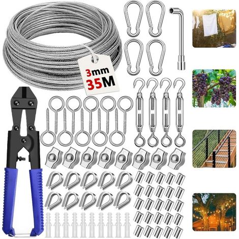 35M The stainless steel to Hang Kit,304 Cable Stainless steel 3mm with Voltageer Cable, Tighten Cable Stainless,Cable in Stainless Gaine for Treillis Plant Grimpante Outdoor,Rope a Laundry,Fender Body (1/5)