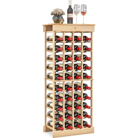 COSTWAY Estante de Vino Modular de 40 Botellas, Botellero de Vino de Madera Maciza con Dispositivo Antivuelco y Barras Cruzadas Reforzadas, Almacenamiento de Vino Independiente de 10 Niveles para Bar, (1/4)