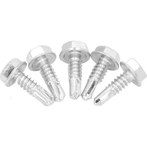 250 vis autoperceuses en acier au carbone zingué blanc M4,8 x 16 mm pour métaux, tête hexagonale avec rondelle. (1/5)
