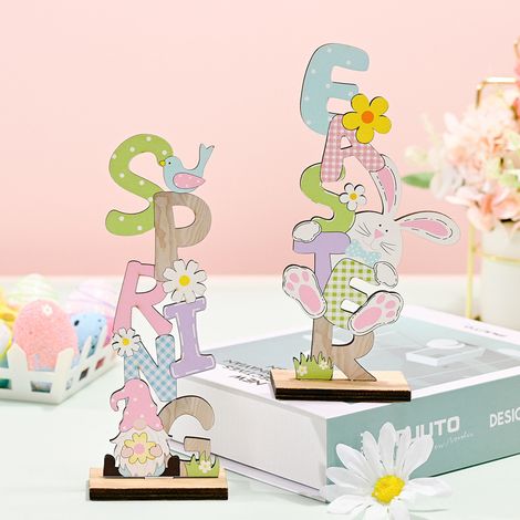 Déco Pâques 2 Pièces Lapin en Bois Lettres Imprimées Ornement Artisanat pour Maison Table Fête Cadeau Enfant (1/5)