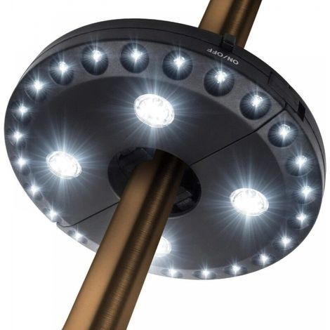 Luci per ombrellone da giardino, 3 modalità di luminosità, 28 LED da 220 Lux, alimentate da 4 batterie AA, asta per ombrellone da giardino, campeggio, tende o uso esterno. (1/5)