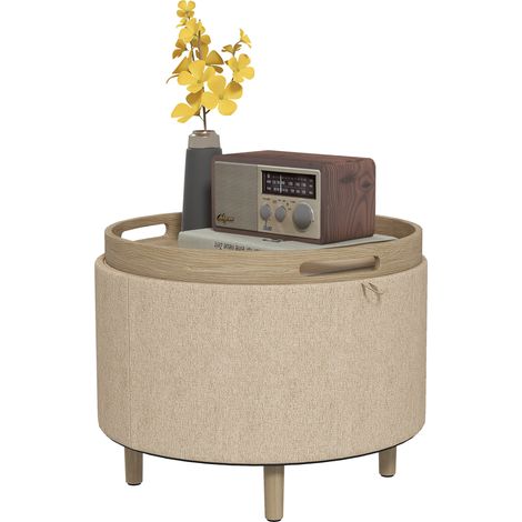 Pouf rond repose-pieds tabouret avec coffre de rangement, plateau réversible, meuble 3 en 1 pied en bois beige