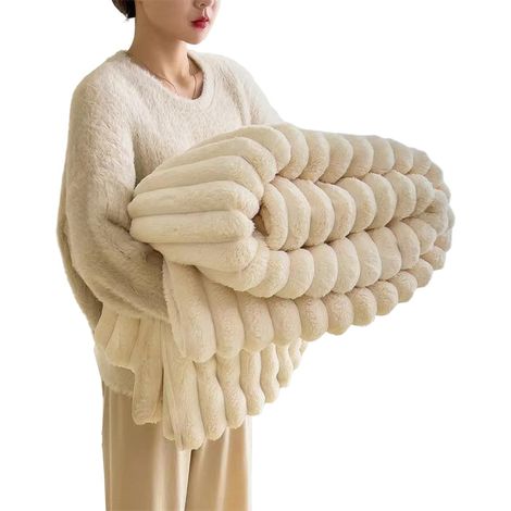 Couverture Fausse Fourrure de Lapin, Polaire Moelleuse en Flanelle, Chaude Double Face Doux pour Domicile, Jeté de Canapé (Blanc, 180x200cm) (1/5)