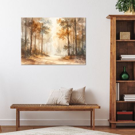 Wandbild Herbstlicher nebliger Wald Aquarell Waldlandschaft im skandinavischen Stil 90x60