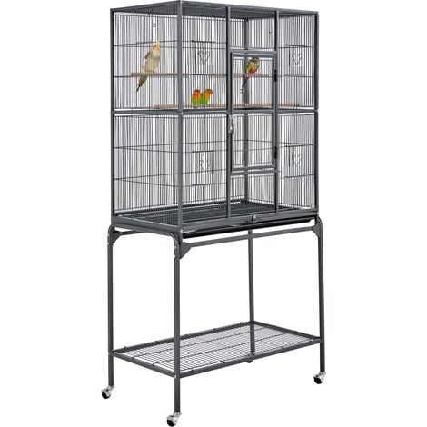 Yaheetech Gabbia Voliera Grande per Uccelli Pappagalli Roditori in Metallo e Legno con Piedistallo Ruote Posatoi e Ciotole Nera 81 x 47 x 160 cm (1/5)