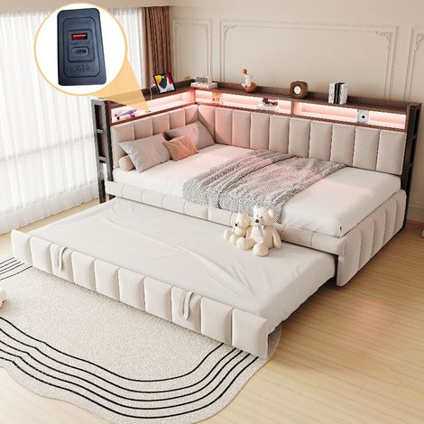 Canapé-lit gigogne 90x200 cm en velours beige, lit banquette 1 place avec lit d'appoint, éclairage LED, ports USB et rangements (1/5)