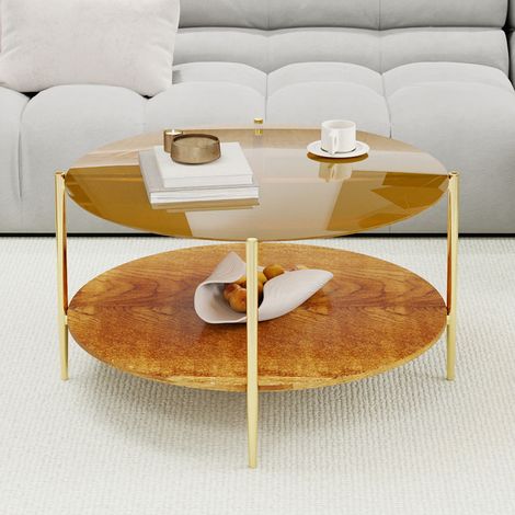 Table basse de salon minimaliste moderne, plateau rond en verre doré et base en bois – design élégant et fonctionnel (1/4)