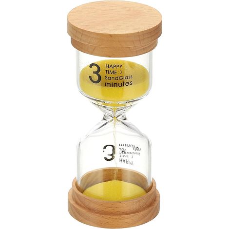 Sablier 3 min bois verre borosilicate, jaune, usage jeu classe cuisine bureau maison (1/3)