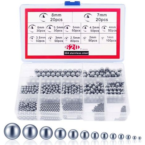 Cuscinetti a sfera di precisione in acciaio inossidabile – Confezione da 620 pezzi – Misure assortite da 1 a 8 mm – Per cuscinetti di biciclette e motociclette (1/5)