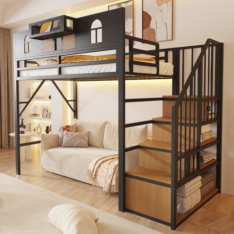 Lit mezzanine en métal 90 x 200 cm, avec échelle de rangement et barre lumineuse, avec compartiment de rangement, fenêtre, panneaux en bois et éléments en treillis métallique, clôture surélevée, cadre (1/5)
